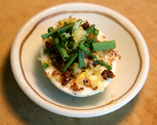 Deviled egg tartare: Beeman Ranch Akaushi tenderloin, 63 degree yolk, horseradish, caper, cornichon, ham salt